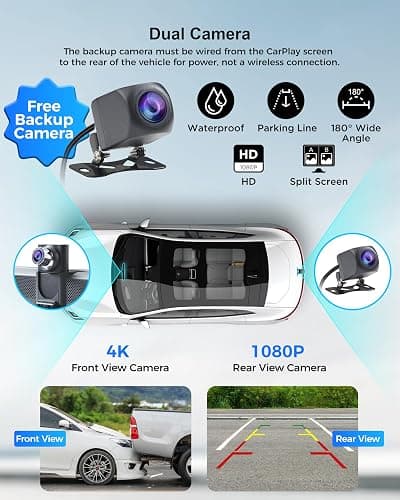 Wireless Car Stereo Carplay Screen with 4K Dash Cam, 8.1'' Portable 2K Touch Screen with 1080P Backup Camera, GPS Navigation for Car Play, Android Auto, Voice Control, Mirror Link, DVR, Bluetooth thumbnail 4
