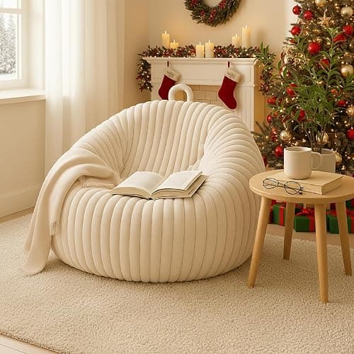 Honeydak Ribbed Rabbit Fur Stuffed Animal Storage Bean Bag Chair Cover (No Filler) Comfy Bean Bag Cover Without Filling or Home Bedroom Decor Organizing Plush Doll Textile Holder(Creamy White, M) - Image 1