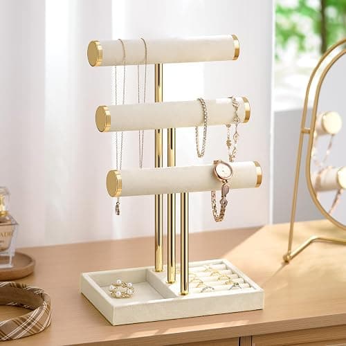 Josmimic Schmuck Organizer mit 3 Ebenen - Beige Schmuckständer Armbänder, Abnehmbarer T-Steg Schmuck Ständer, Samt-Armbandhalter, Schmuckhalter für Armband, Halskette, Uhren, Ringe thumbnail 4