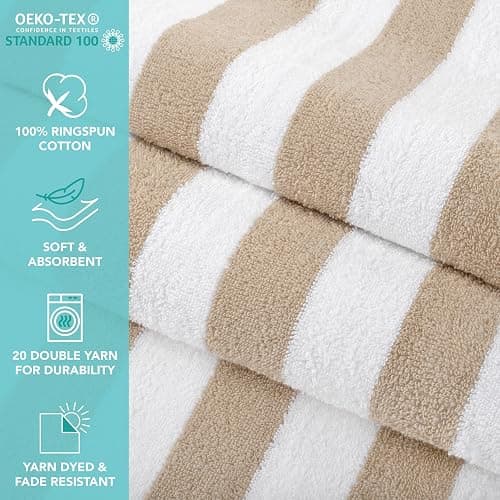 Arkwright California Cabana Stripe Beach Towel - Pack of 4, Large Soft Quick Dry Cotton Terry Towels Set for Pool, Swim, and Hot Tub, Oversized 30 x 70 in, Beige thumbnail 4