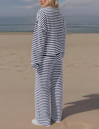 Ythomm Striped Pajamas Womens 2 Piece Sets Long Sleeve Tee Shirts Drawstring Wide Leg Pants Matching Sets Fall Lounge Outfits thumbnail 3