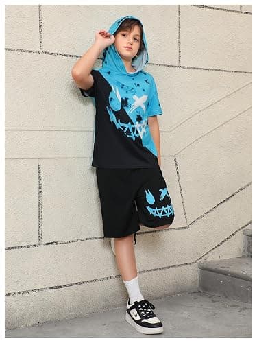WDIRARA Boy's Two Piece Graphic Print Hooded Neck Tops and Track Shorts Clothing Set thumbnail 5