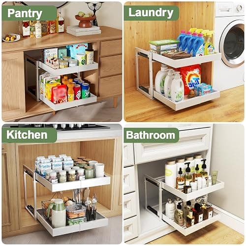 2 Tier Pull Out Cabinet Organizer ,Adjustable Width & Height, Expandable Pull-Out Drawers For Cabinets, Slide Out Shelves for Kitchen Cabinets / Countertop / Pantry,Heavy-Duty & Easy to Install(White) thumbnail 5