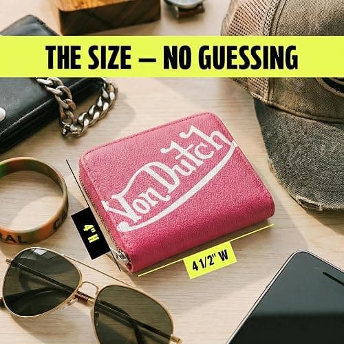 Von Dutch Zip-Up Wallet with ID Window, Vegan Leather, Slim Unisex Design for Men & Women (Classic Signature, Hot Pink) thumbnail 6