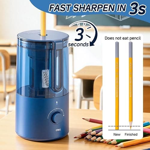 Deli Electric Pencil Sharpener, Fully Automatic Pencil Sharpener for 6.9-8mm No.2 & Colored Pencils, Auto in & Out, Rechargeable Hands-Free Sharpener for Classroom, Home, Office, Blue thumbnail 7