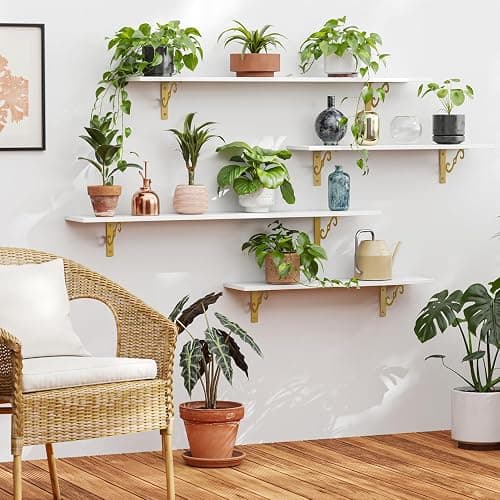 DINZI LVJ Long Wall Shelves, 31.5" Large Floating Shelves Set of 4, Farmhouse Display Shelf Wall Mounted with Heavy Duty Bracket, Easy Assembly for Kitchen, Bathroom, Bedroom, Balcony, White and Gold thumbnail 7