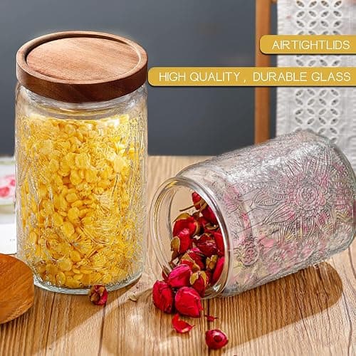 34 OZ Airtight Glass Storage Jar with Bamboo Lid - Vintage Glass Jar Vintage Food Containers Canisters Set for Kitchen Counter & Pantry - Ideal for Sugar, Flour, Coffee, Tea, Candy, Oats -2 Pack thumbnail 6