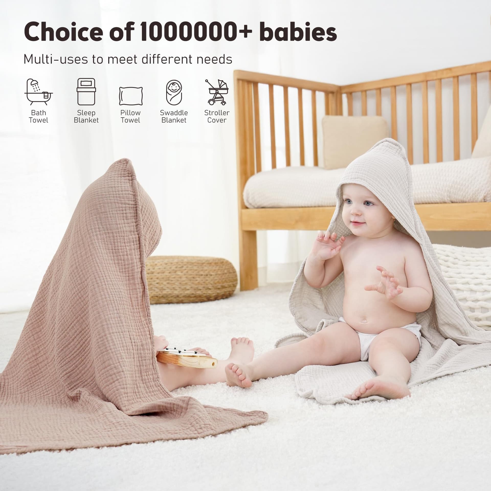 Susurration - Toallas de baño de muselina con capucha para bebé recién nacido, 100% algodón muselina para bebés unisex, niños y niñas - 76 x 76 cm, paquete de 2 (Arena y Crema) thumbnail 5