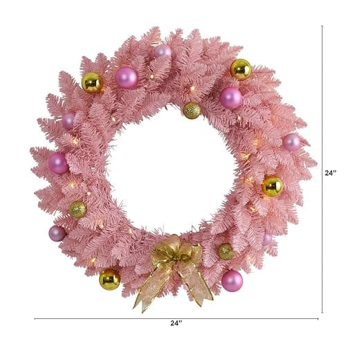 Nearly Natural 24in. Pink Artificial Christmas Wreath with 35 LED Lights and Ornaments thumbnail 3