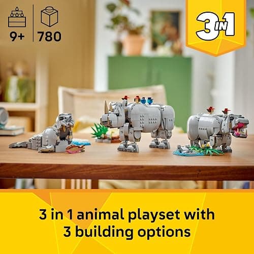 LEGO Creator 3 in 1 Wild Animals: Majestic Rhino - Building Toy for Boys & Girls, Ages 9+ - Gift for Easter Baskets - Kids Bedroom and Desk Decor - Build Rhino, Hippo, or Walrus - 31171 thumbnail 2
