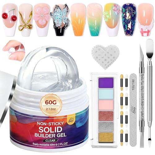 GELLAKTIK All-in-One Solid Builder Nail Gel Kit: 60g Hard Gel with 3D Mold, 6-Color Powders & Nail Art Tools (Nail File, Cuticle Pusher, Pen), Non-Sticky for Nail Extension, DIY Salon, UV/LED Cured - Image 1
