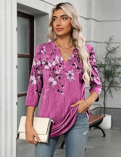 Zeagoo Womens 3/4 Length Sleeve Tops V Neck Tunic Casual Dressy Blouse Floral Printed Shirts thumbnail 3
