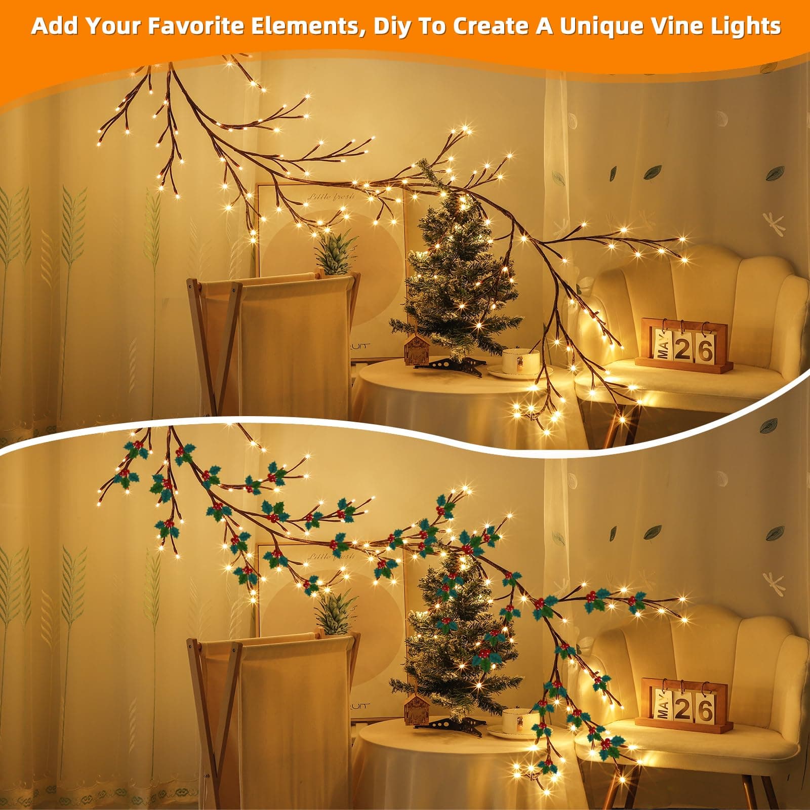 LED Light Tree, Light Trees, Wall Decoration, Home Interior Decoration, 144 LED Folding Lights Artificial Willow, for Wall, Bedroom, Living Room, Indoor Decoration thumbnail 6