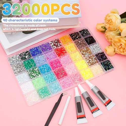32000PCS Resin Jelly Rhinestones Kit 40Colors 3mm Flatback Gems with B7000 Glue Tweezers Drill Pen & Storage Box Bedazzling Kit for Bedazzling Kits for Nail Art Clothing DIY Projects Crafts thumbnail 3