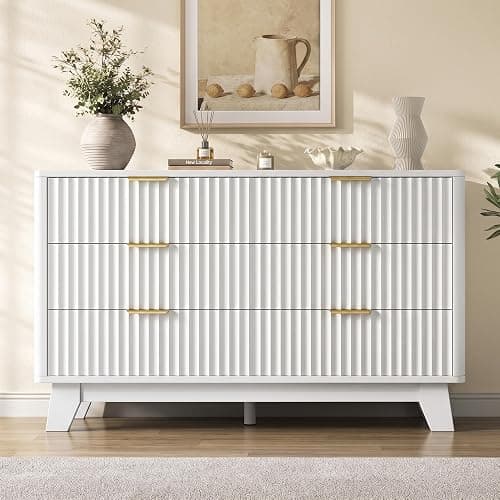 Jocoevol Fluted 6 Drawer Dresser for Bedroom, White | 47" Wooden Chest of Drawers with Curved Profile Design, Modern TV Stand with Metal Handle for Living Room/Hallway thumbnail 3
