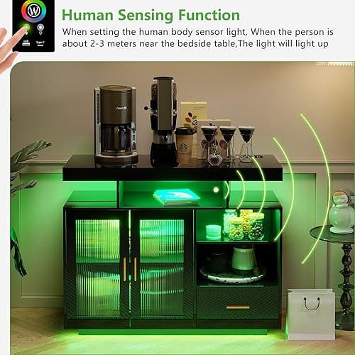 HNEBC LED Sideboard Buffet Cabinet with Charging Station, Smart Bar Cabinet with Auto RGB Lighted, High Gloss Coffee Bar with Drawer/Hutch for Living Room, Dining Room, Home Storager(Black) thumbnail 9