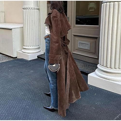 utcoco Womens Faux Suede Long Trench Coat Notched Lapel Double Breasted Pea Coat Overcoat with Belt thumbnail 3