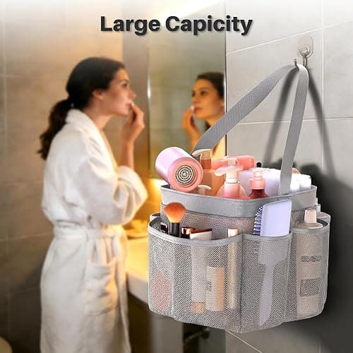 YASONIC Mesh Shower Caddy Portable for Dorm College Room Essentials, 8-Pocket Large Shower Bag with Single Handles, Hanging Shower Basket for Beach, Swimming, Bathroom, Beach, Grey thumbnail 3