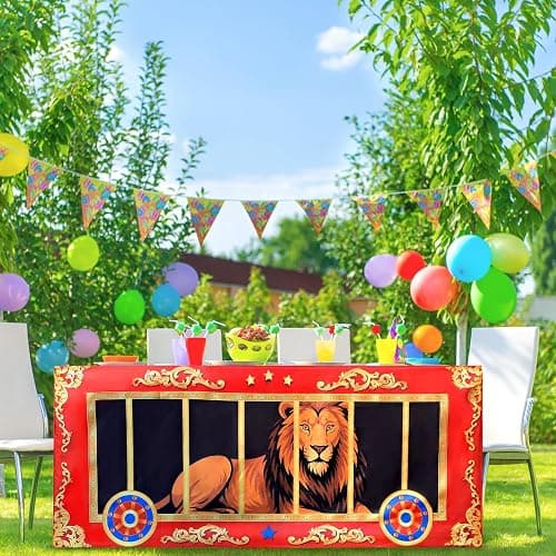 Jisfigtrh 6Ft Carnival Party Decorations Circus Animal Cage Tablecloth Tiger Lion Patterns Carnival Cage Washable Polyester Rectangular Table Cover for Boy Girl Birthday Baby Showers Party Supplies thumbnail 6
