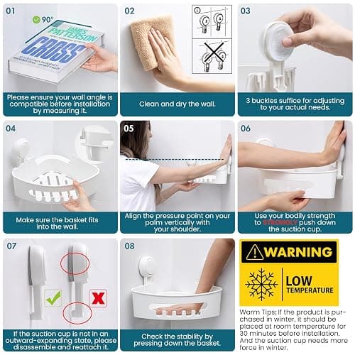 TAILI Corner Shower Caddy Suction Cups Heavy Duty,Small Bathroom Shower Shelf Storage Basket Wall Mounted Organizer for Shampoo,Conditioner,Plastic Shower Rack for Kitchen,Drill-Free Removable thumbnail 6