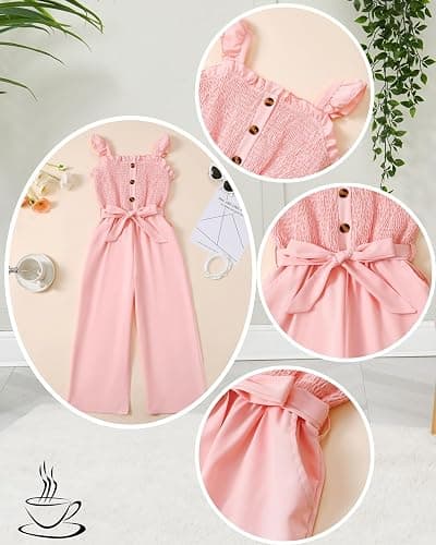 SODLON Girls Jumpsuit Kids Romper Cute Summer Smocked Outfits Size 5-12Y | Fashion Preppy Girls Clothes, Ruffle School Graduation Picture Girl Jumper, Sleeveless Tween Jumpsuits with Belted & Pockets thumbnail 6