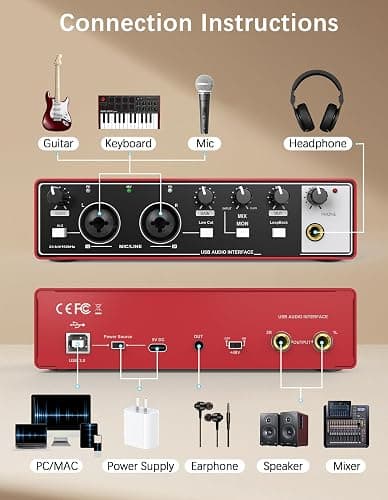 HOSONGIN USB Audio Interface for Beginners - 24Bit/192kHz, 48V Phantom Power, Plug & Play Recording for Podcast/Vocals/Guitar/Youtube, PC/Mac/iOS Compatible (New Red Metal) thumbnail 7