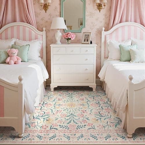 Wonnitar Pink Rugs for Nursery, 5x7 Washable Rug for Bedroom Girls, Boho Soft Floral Carpet Non Slip, Indoor Ultra-Thin Floor Carpet for Baby Kids Room Living Room Dorm Decor thumbnail 3