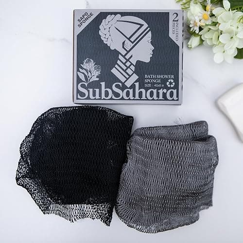 SubSahara Authentic African Net Sponge - 2 Pieces Exfoliating Scrubber for All Skin Types, Bath Sponge for Face & Body, Travel Portable, Durable, Gentle Exfoliation (Black & Grey) thumbnail 2