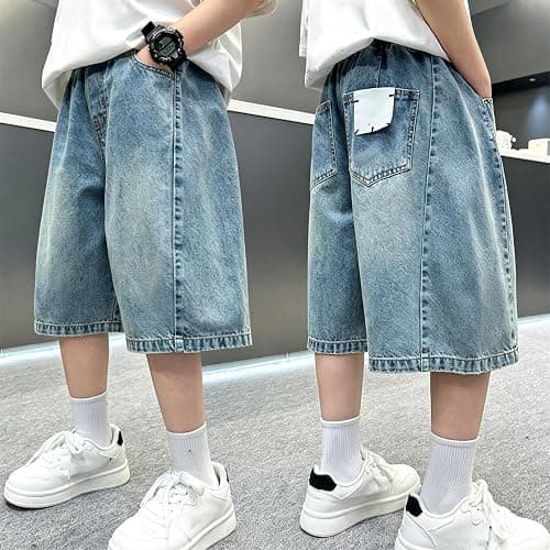 Boy's Denim Shorts Baggy Casual Jorts Elastic High Waist Wide Leg Jean Shorts Y2K Loose Fit Basic Bermuda Knee Length Jeans thumbnail 5