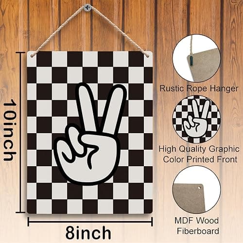 FUGWN Black and White Checkered Peace Sign Hanging Wooden Signs 8x10, Black Preppy Checkerboard Decor for Home Girls Boys Room Dorm, Preppy Checkered Home Decor Gifts for Teen Girls Boys Women thumbnail 3