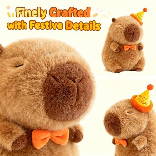 Wonfirang Capybara Plush with Birthday Hat, Kawaii Capybara Doll Stuffed Birthday Gifts Party Decoration, Cute Plush Toy for Girls Cartoon Fans thumbnail 5