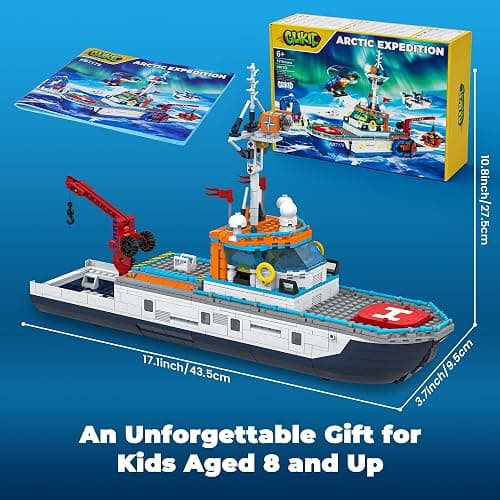 Glikid City Boat Building Set with LED Lights - Arctic Explorer Ship Toy Gift for 8 Year Old Boys and Girls, with Helicopter, Drone, Speedboat, Submersible, Iceberg, and Polar Bears thumbnail 2