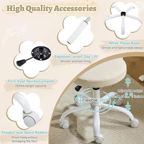 VINGLI Small Vanity Chair with Wheels for Girls.Cute Modern Adjustable Height Armless Office Desk Chair.360°Swivel Comfy Rolling Chair for Study, Make up Room,Small Space,Linen Light Yellow thumbnail 7