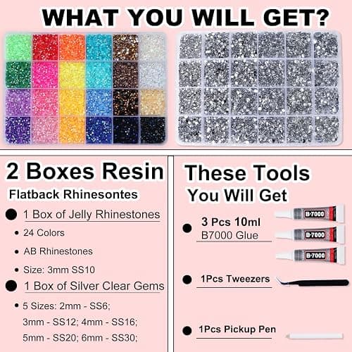 2 Boxes Rhinestones for Bedazzling Kits, Multicolor 3mm & Silver Clear 2/3/4/5/6mm Resin Flatback Gems for Diamond Art, Bedazzler Kit with 3Pcs 10ml B7000 Jewelry Glue for DIY Crafting Crafts Decor thumbnail 2