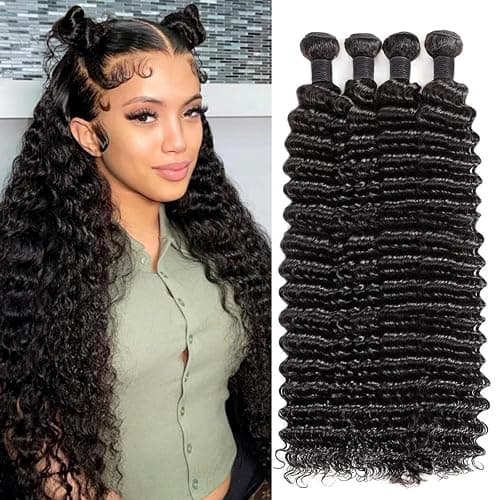 12A Deep Wave Bundles Human Hair 14 16 18 20 Inch Unprocessed Brazilian Virgin Deep Curly Quick Weave 4 Bundles Hair Extensions for Women Natural Color - Image 1