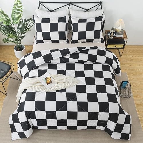 Caressma Black White Plaid Comforter Set Full Size, Buffalo Check Plaid Comforter Bedding Set for All Seasons, Farmhouse Soft Microfiber Comforter with Pillowshams - Image 1