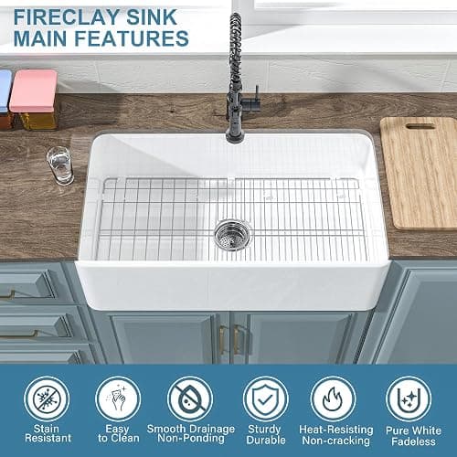 HOMLYLINK White Farmhouse Sink 33 x 18 Inch, Large Firecaly Apron Front Undermount Farm Sink Heavy Duty Single Bowl, with Custom Accessories 2 Types, Pure White, for Kitchen thumbnail 4