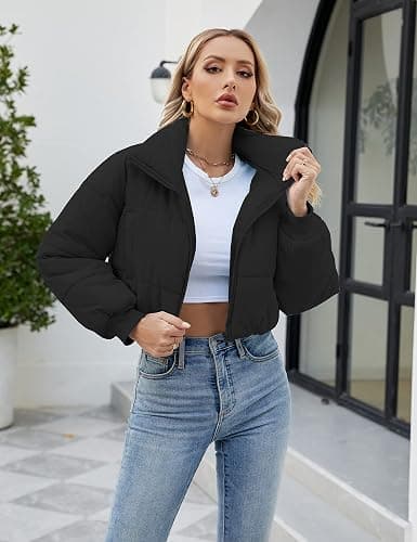 Lumister Womens Lightweight Quilted Jacket Long Sleeve Stand Collar Zipper Cropped Puffer Jacket Coat thumbnail 6