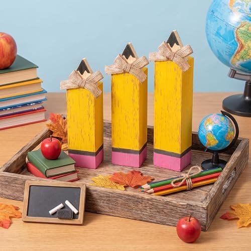 Yuntau 3 Pcs Back to School Tabletop Decoration, Wooden Pencil Block Signs | Rustic First Day of School Decor, Classroom Decorations for Teacher Desk, Table Centerpieces, Tiered Tray, Appreciation Gift thumbnail 2