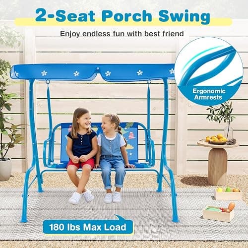 Costzon Kids Porch Swing, All-Weather Patio Swing Bench Hammock w/Adjustable Canopy & Safety Belts for 2 Children, Outdoor Swing for Backyard Garden Balcony Poolside (Blue, Dinosaur) thumbnail 5