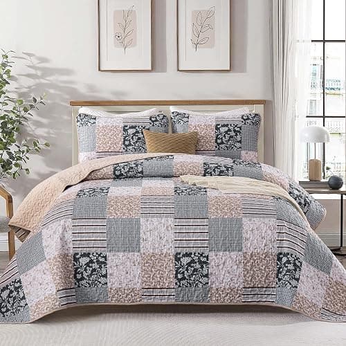 Mybedsoul Patchwork Quilt Set Queen Size, 3 Pieces Blue Brown Floral Plaid Bedspread Coverlet Set, Reversible Soft Microfiber Bedding Set for All Season, Fall Winter Queen 90"x96" - Image 1