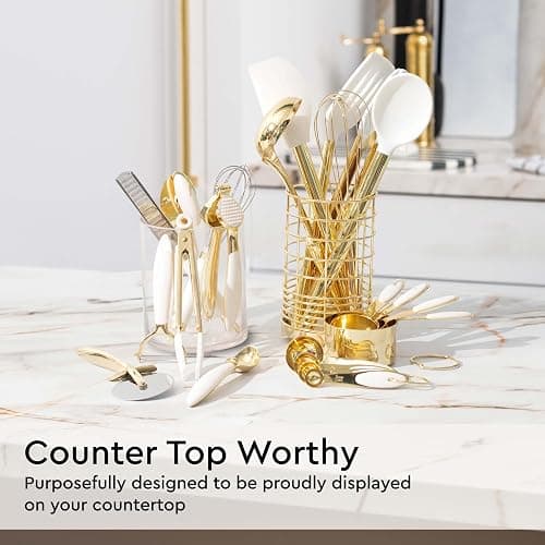 White and Gold Kitchen Utensils Set - 23-Piece Gold Kitchen Accessories Include Measuring Cups and Spoons Set, Silicone Utensils, and Utensil Holder for Baking, Cooking, and Stylish Kitchen Decor thumbnail 9