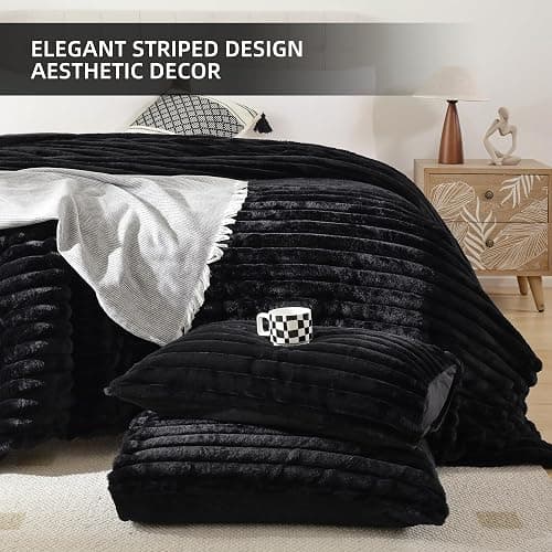 Smoofy Fluffy Twin Comforter Sets 2 Pieces - Black Fleece Fluffy Comforter Set, Luxury Fuzzy Twin Bedding Set, Soft Warm Comforter All Season, Heavy Faux Fur Comforter with Pillow Cases thumbnail 3
