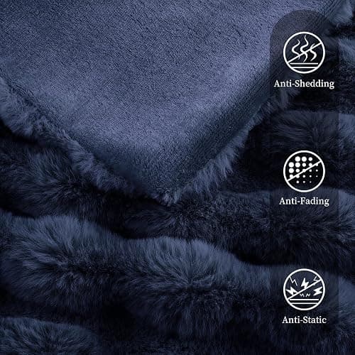 Faux Rabbit Fur Throw Blanket for Couch, Fluffy Warm Plush Thick Bubble Blanket for Bed Sofa Living Room, Soft Cozy Furry Blanket, 50x60 inches, Navy Blue thumbnail 3