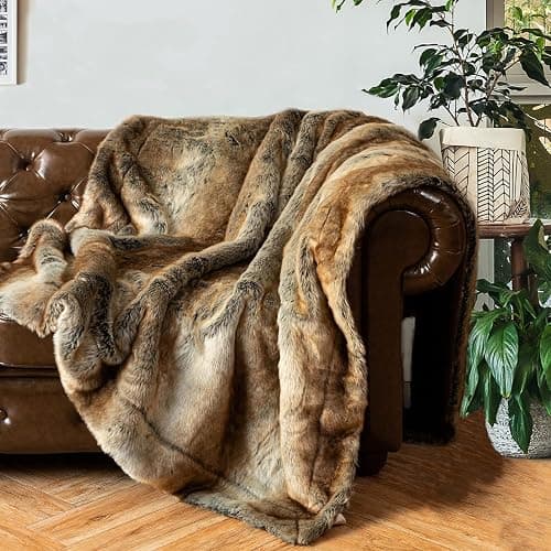 BATTILO HOME Luxury Brown Faux Fur Blanket Thick Warm Elegant Cozy Fuzzy Throw for Couch, Bed, Sofa Fluffy Blankets Decorative Reversible to Plush Velvet, 50"x60" thumbnail 7