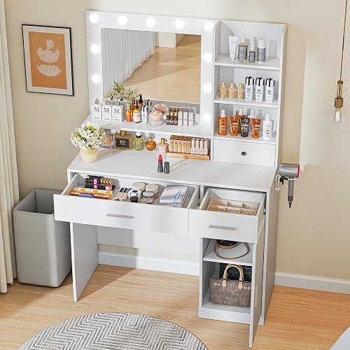 Sweetcrispy Vanity Desk with Adjustable Lighten Mirror & Power Outlet, Makeup Desk for Bedroom with a Storage Cabinet and 3 Drawers, 4 Storage Shelves, White Dresser for Girls - White - 39.37"W thumbnail 5