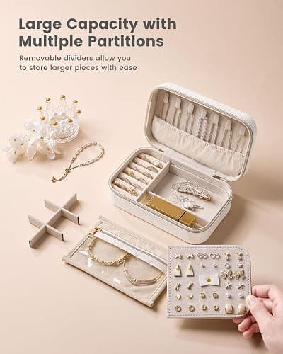 Lolalet Travel Jewelry Case for Women Girls, Travel Jewelry Organizer with Clear Storage Bag Small Portable Jewelry Box for Necklace Bracelet Earring Ring Valentines Bridesmaid Gifts -Medium/Beige thumbnail 4