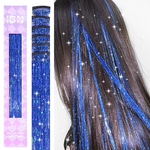 IDN BEAUTY Hair Tinsel Clip In Treasure Blue Sparkle Hair Extensions 24 Inch 6pcs - Image 1