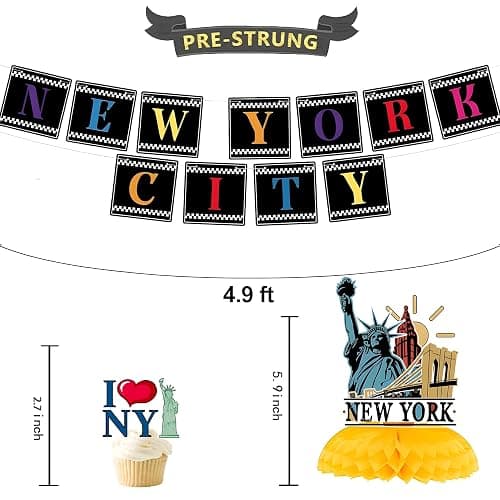 36PCS New York City Party Decorations with 2PCS American Nyc Banner 12PCS Cityscape Broadway Hanging Swirl Decorations 4PCS Honeycomb Centerpieces 24PCS New York Cupcake Toppers thumbnail 3