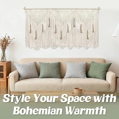 Extra Large Macrame Wall Hanging 70.8" × 39" Boho Tapestry Woven Decor- Cotton Tassel Curtain Beige Chic Bohemian Wall Art for Home Living Room Bedroom Dorm Wedding (Includes Rod) thumbnail 6